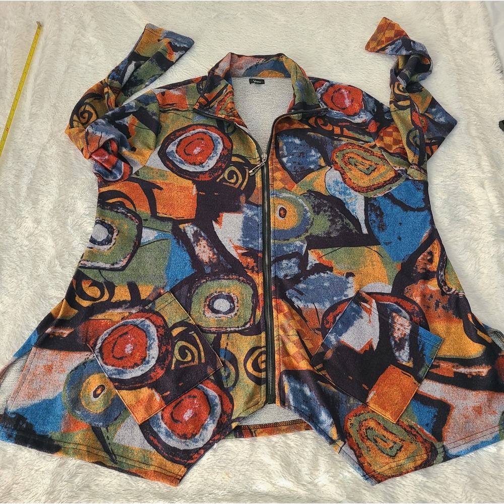 Shana Womens Abstract Geometric Zip Up Jacket Tunic Top Multicolor Large Blouse - Picture 4 of 8